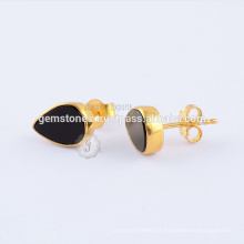 Natural Black Onyx Gemstone Stud Earrings, banhado a ouro 925 Sterling Silver Gemstone Bezel Earring Jewelry Manufacturer